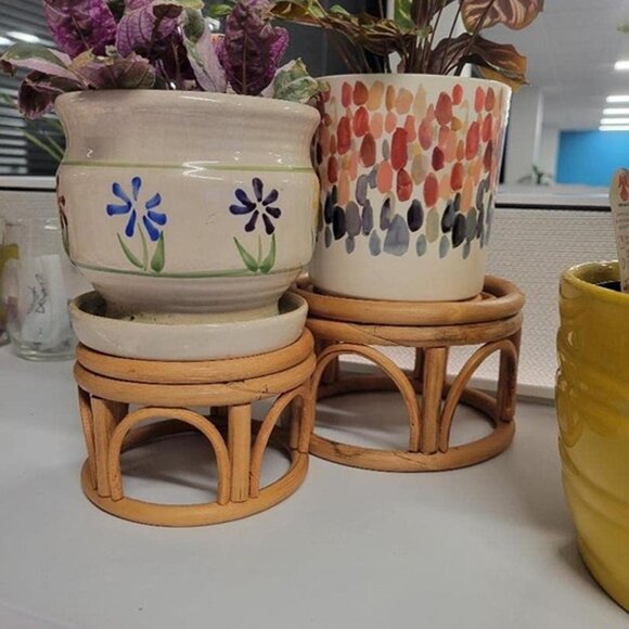 NEW Set of 2 Small Boho Rattan Wicker Round Riser Plant Stand Indoor, Rustic - Picture 9 of 9